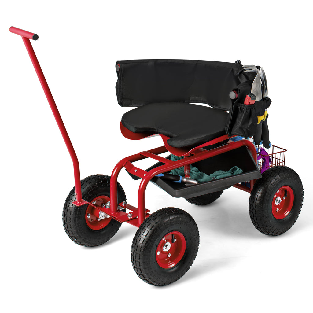 Rolling Garden Cart with Height Adjustable Swivel Seat and Storage
