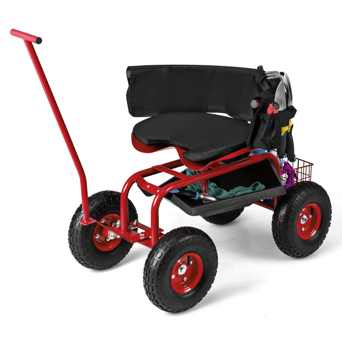 Rolling Garden Cart with Height Adjustable Swivel Seat and Storage