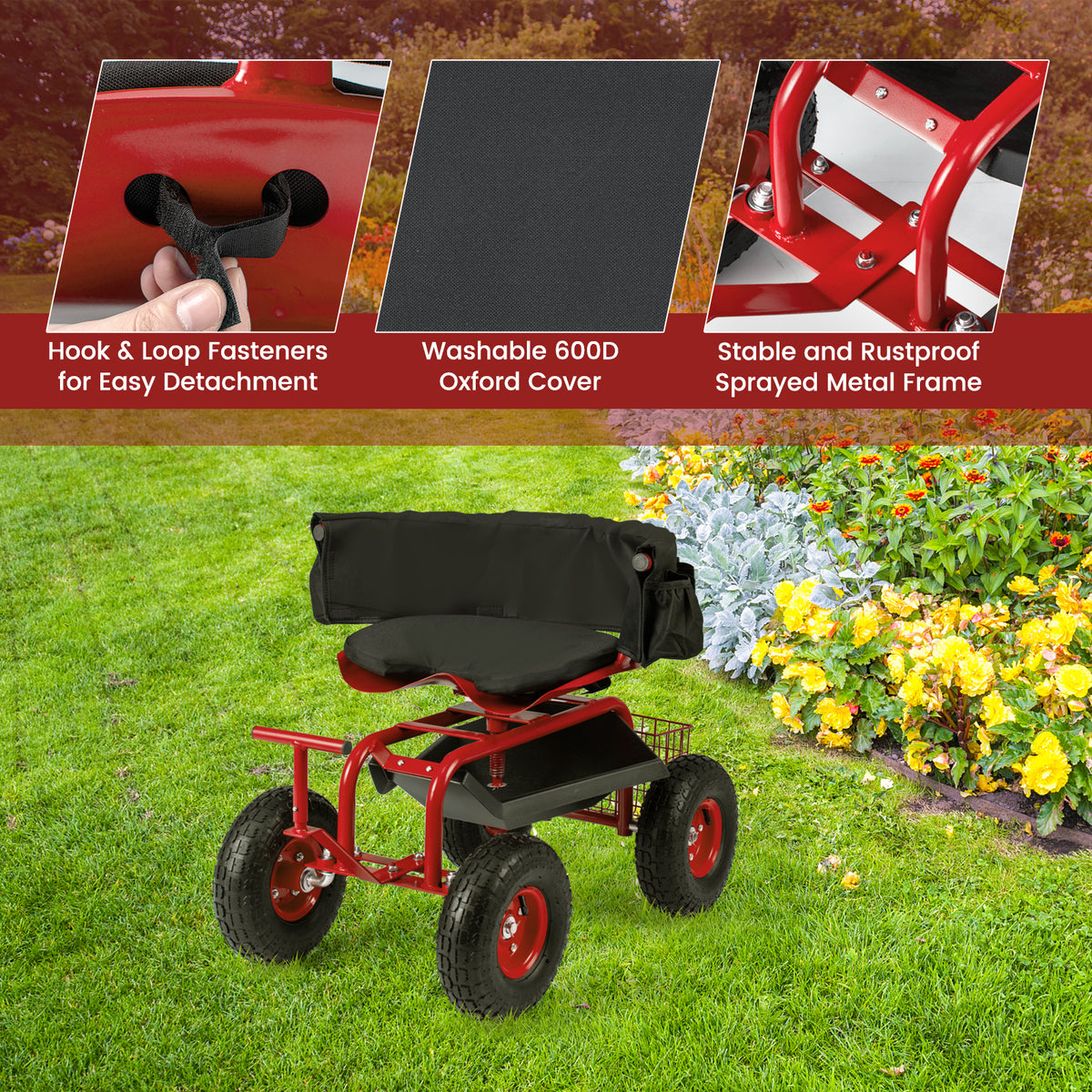 Rolling Garden Cart with Height Adjustable Swivel Seat and Storage