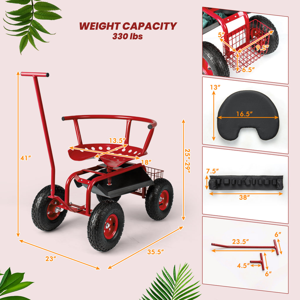 Rolling Garden Cart with Height Adjustable Swivel Seat and Storage