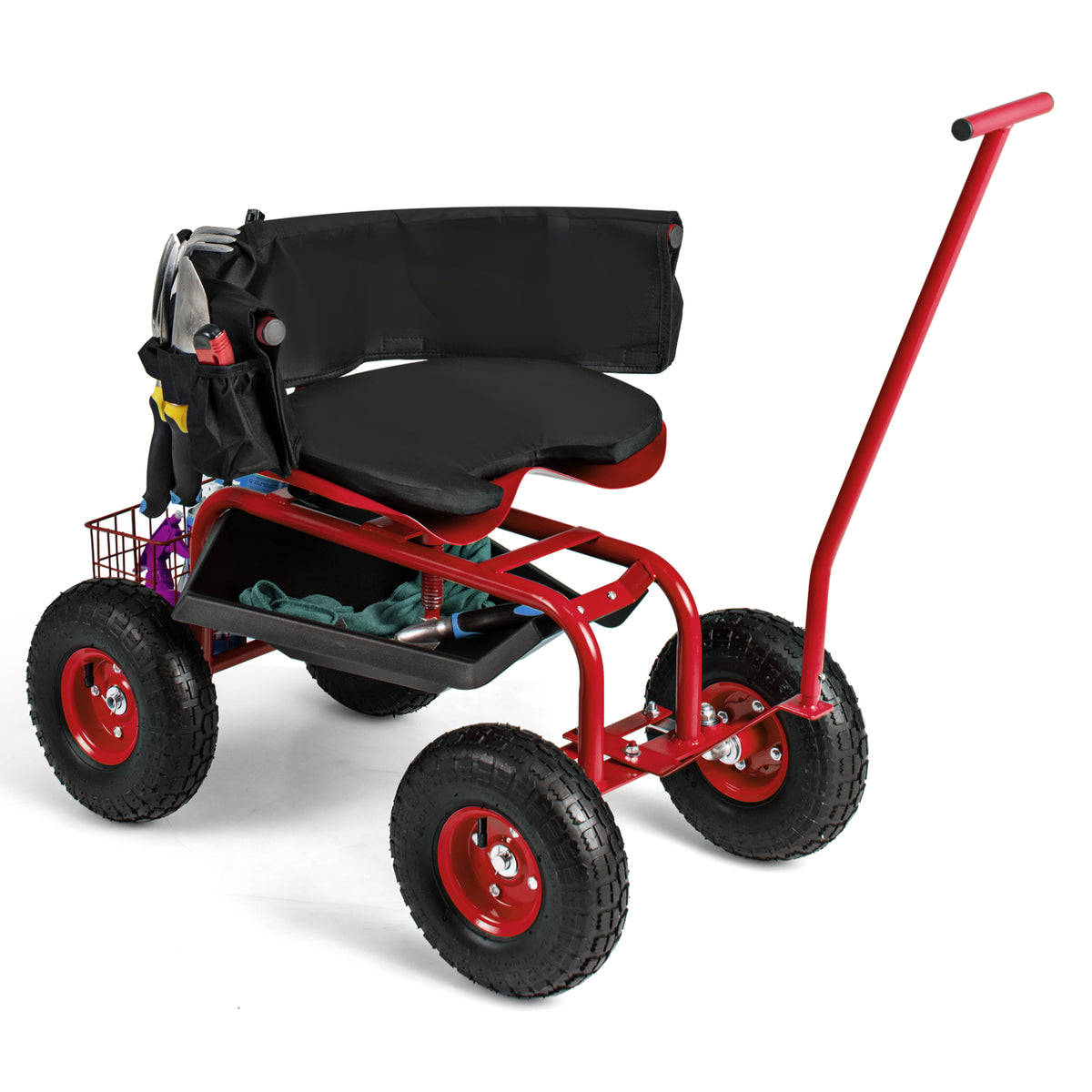 Rolling Garden Cart with Height Adjustable Swivel Seat and Storage