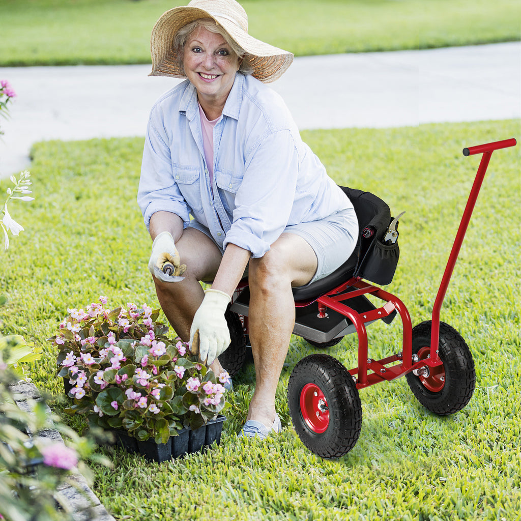 Rolling Garden Cart with Height Adjustable Swivel Seat and Storage
