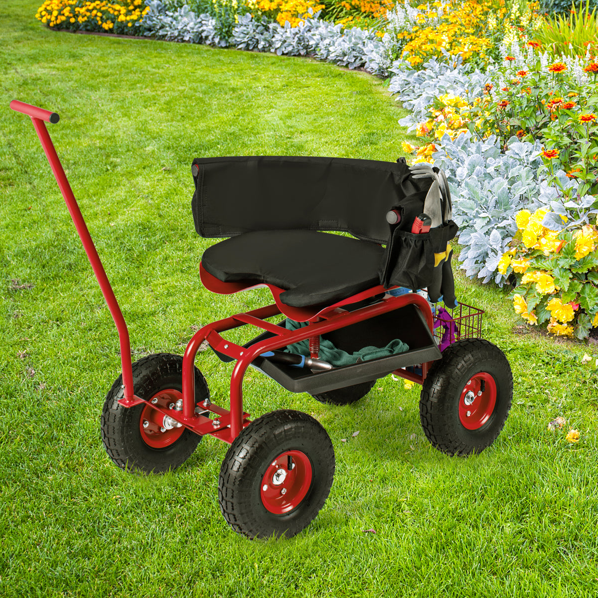 Rolling Garden Cart with Height Adjustable Swivel Seat and Storage