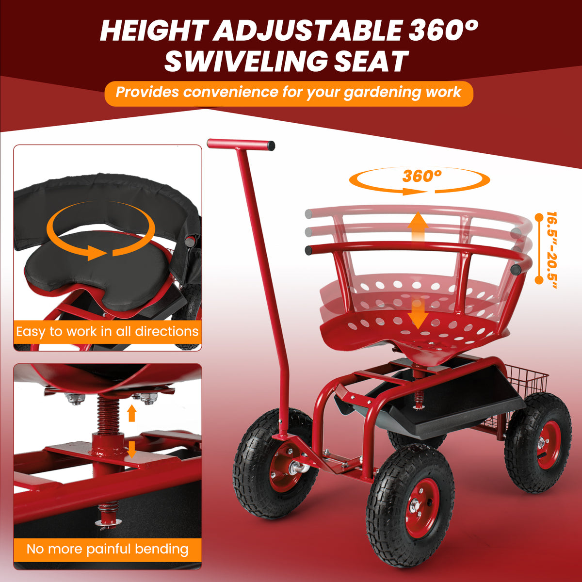 Rolling Garden Cart with Height Adjustable Swivel Seat and Storage