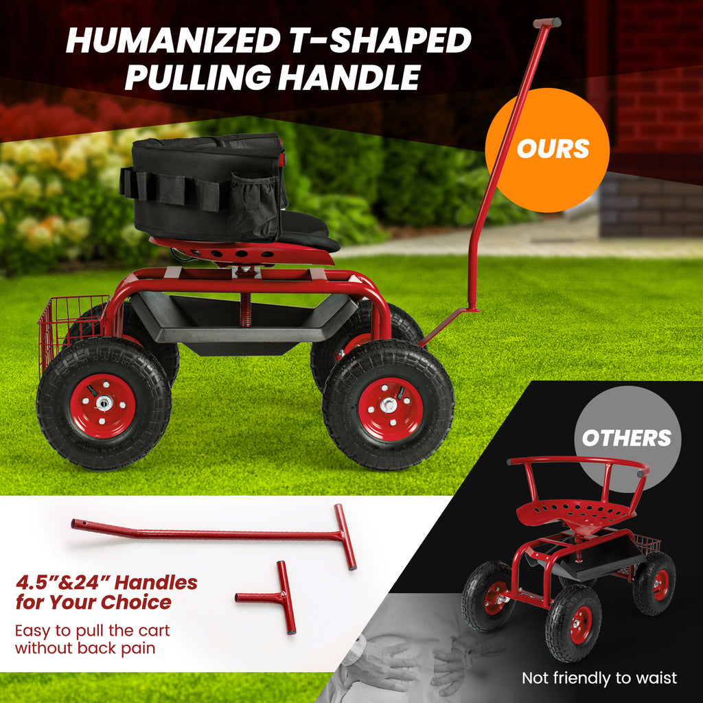 Rolling Garden Cart with Height Adjustable Swivel Seat and Storage