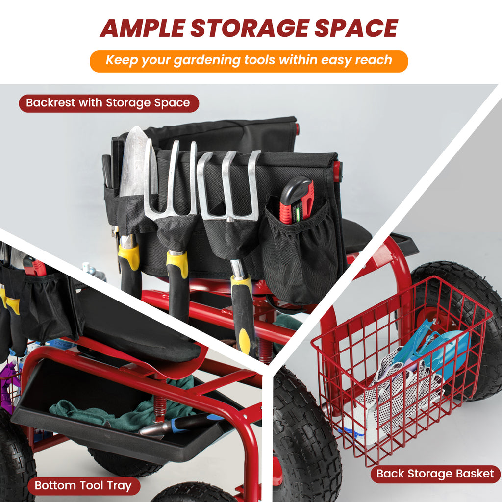 Rolling Garden Cart with Height Adjustable Swivel Seat and Storage