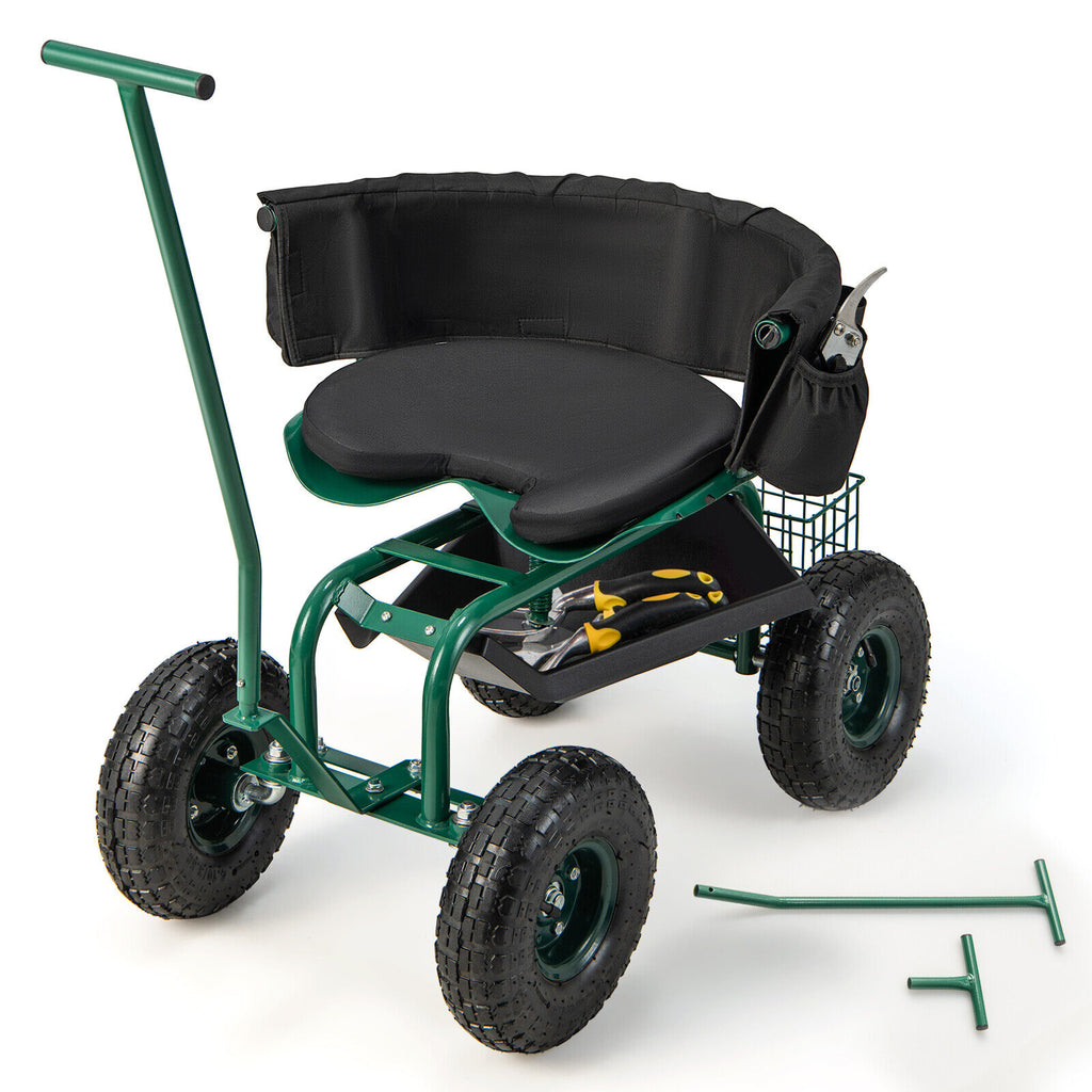 Rolling Garden Cart with Height Adjustable Swivel Seat and Storage