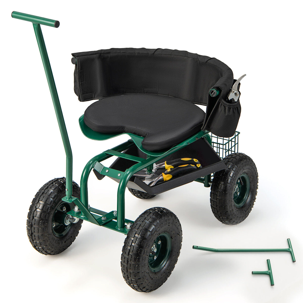 Rolling Garden Cart with Height Adjustable Swivel Seat and Storage