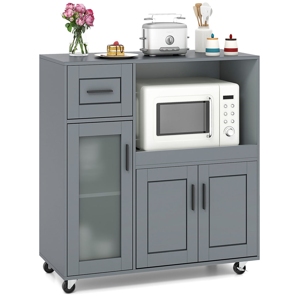 Rolling Kitchen Island with Drawer and Glass Door Cabinet - Gray