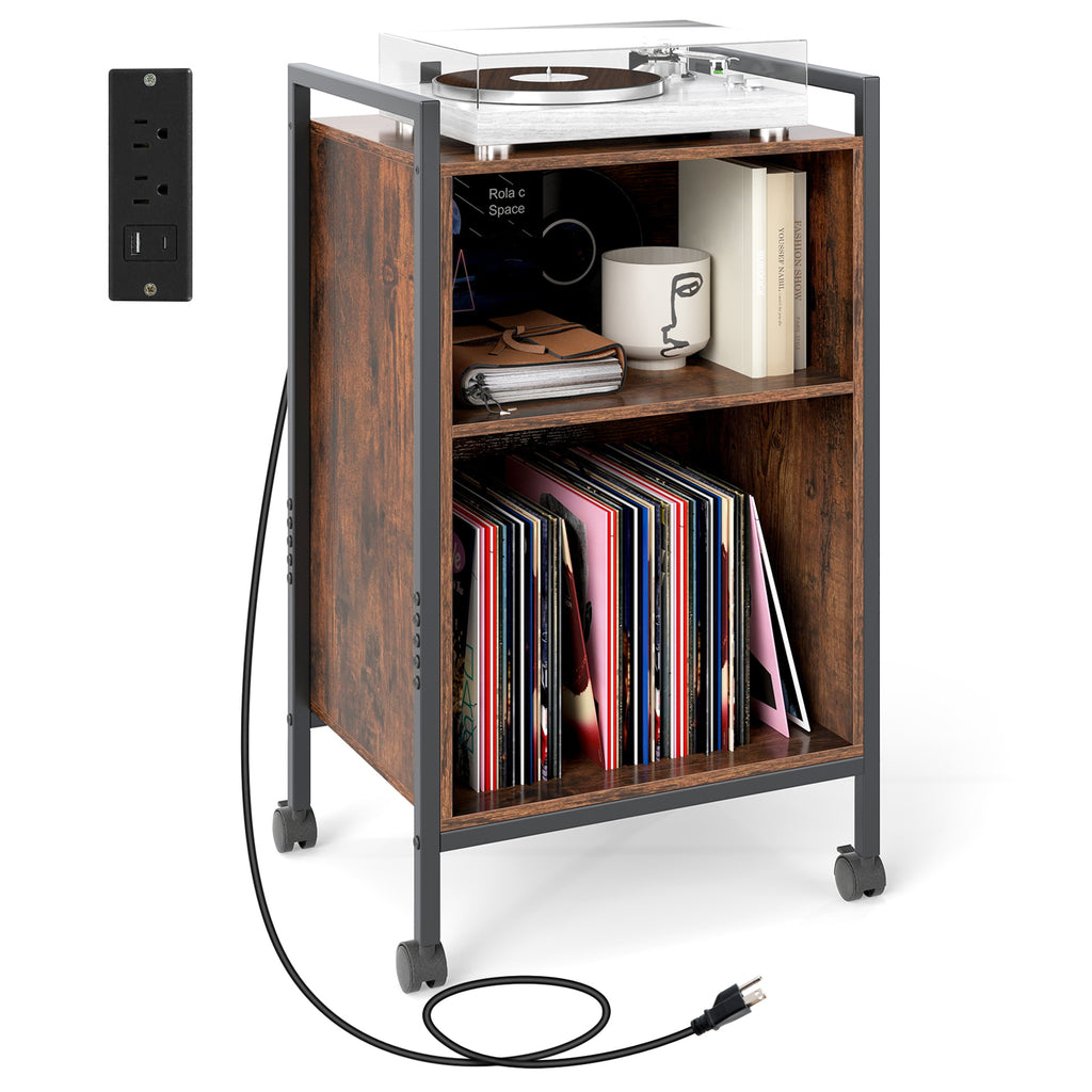 Record Player Stand with Power Outlet, Rustic Brown