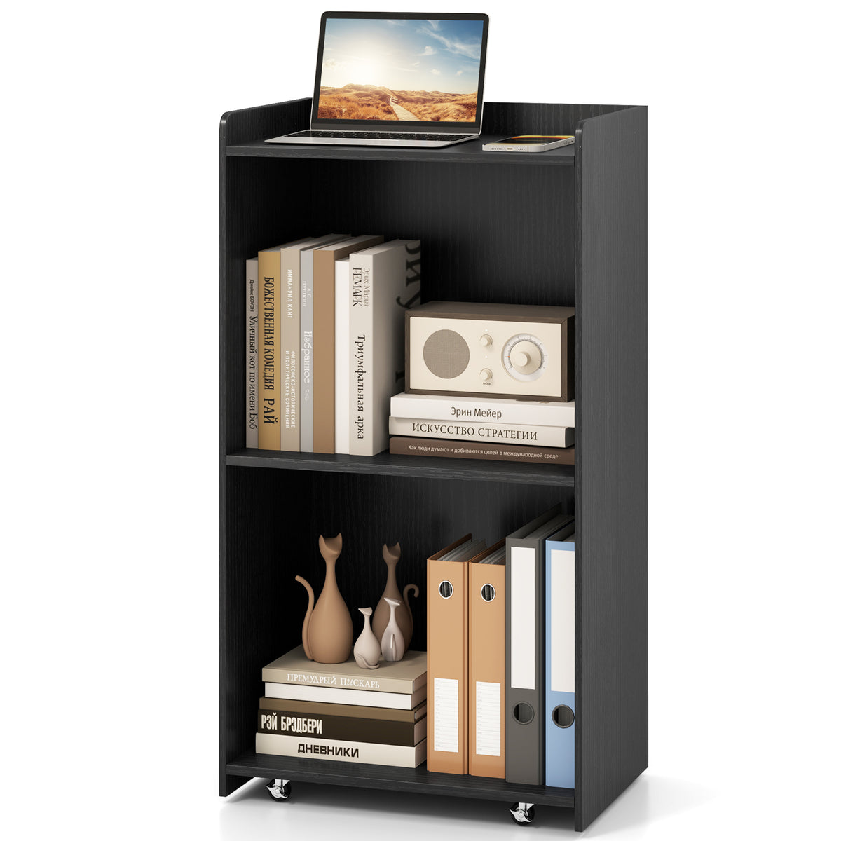Rolling Podium Stand with 2 Shelves and Lockable Wheels - Black