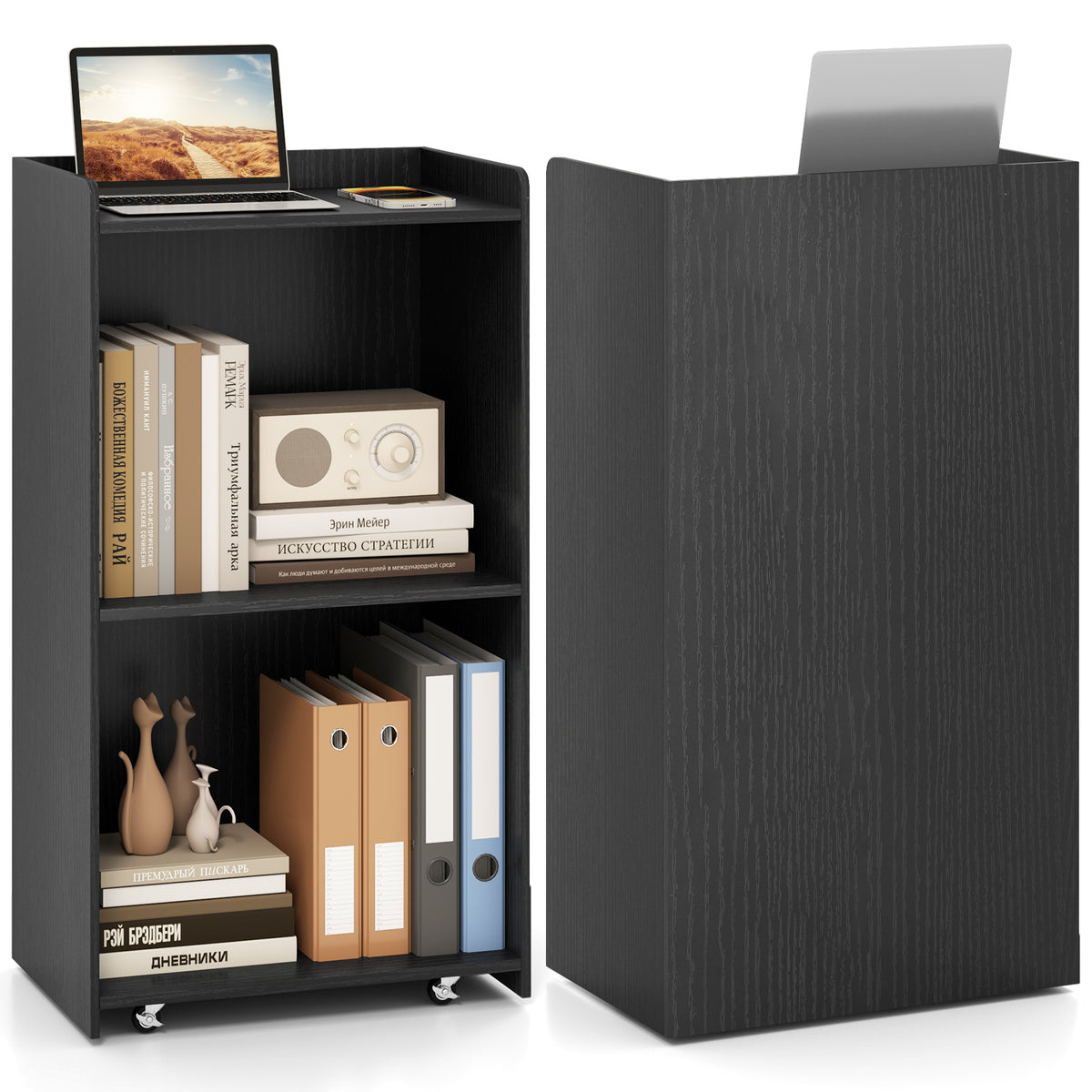 Rolling Podium Stand with 2 Shelves and Lockable Wheels - Black