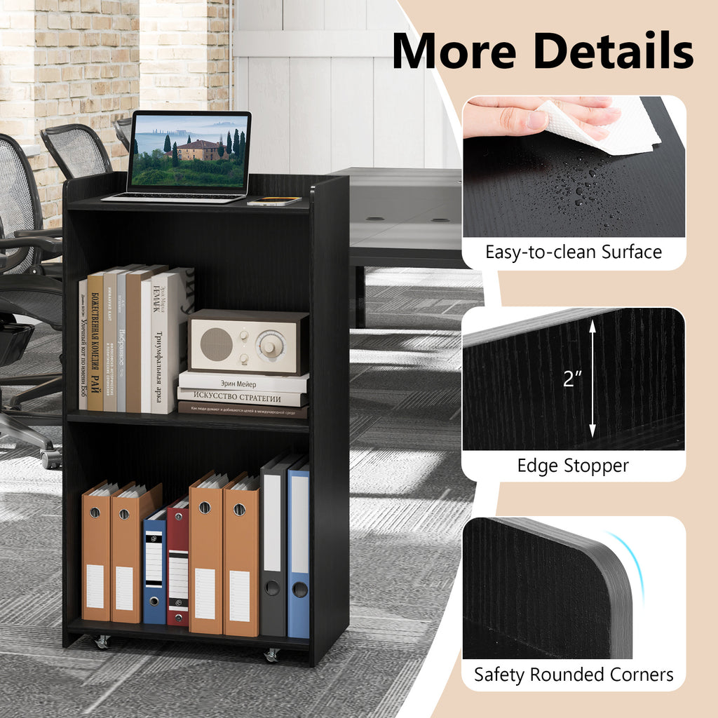 Rolling Podium Stand with 2 Shelves and Lockable Wheels - Black