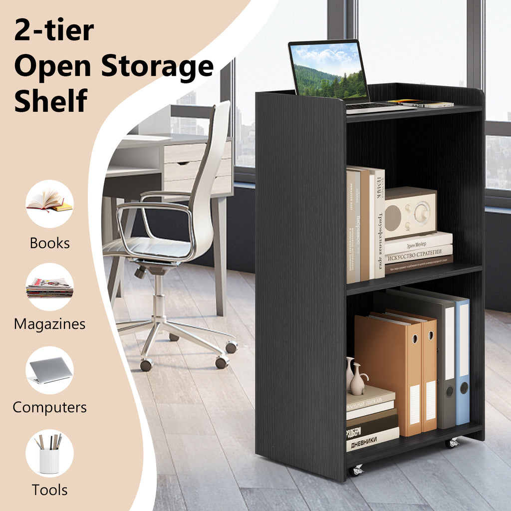 Rolling Podium Stand with 2 Shelves and Lockable Wheels - Black