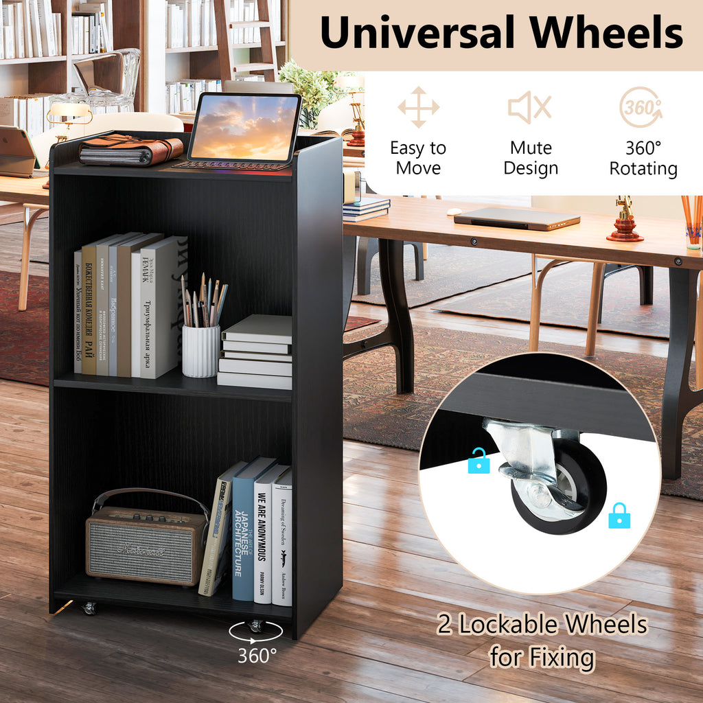Rolling Podium Stand with 2 Shelves and Lockable Wheels - Black