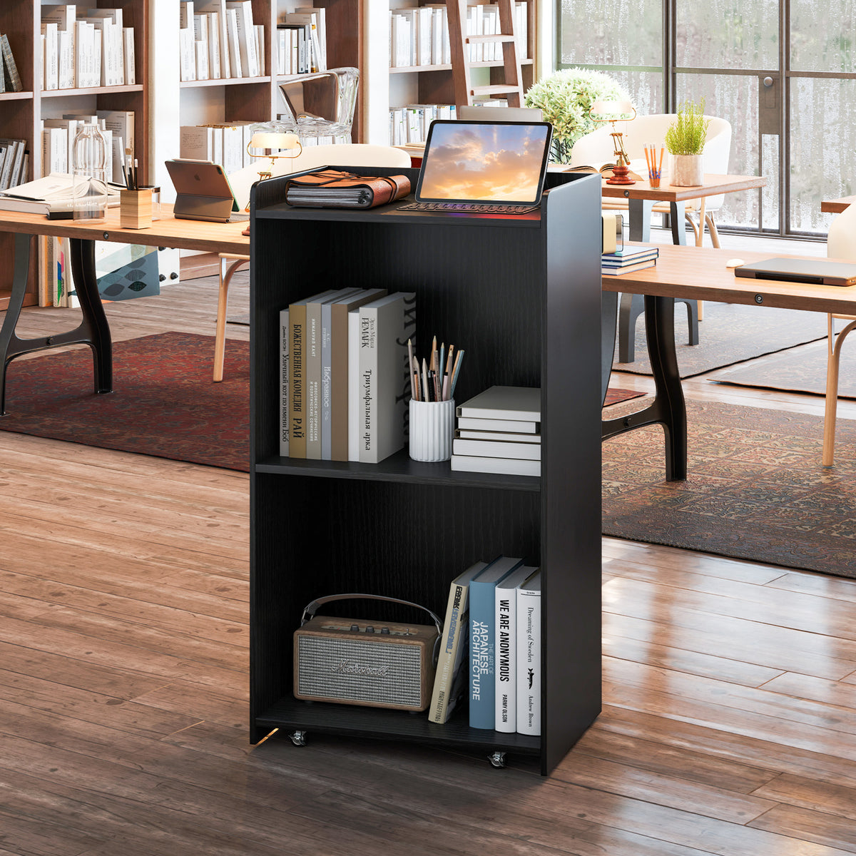 Rolling Podium Stand with 2 Shelves and Lockable Wheels - Black