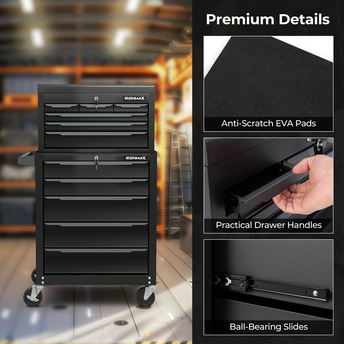 Rolling Steel Tool Chest with Hanging Holes and Central Keyed Locking