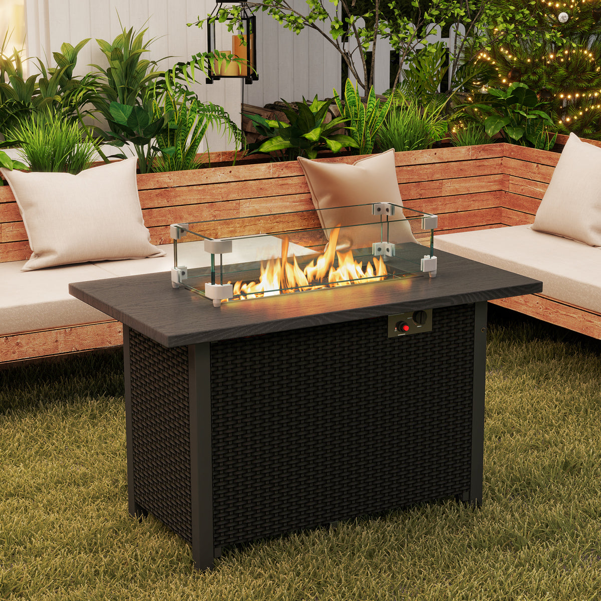 50000 BTU 2 Inch ropane Gas Fire Pit Table with Wind Guard and Glass