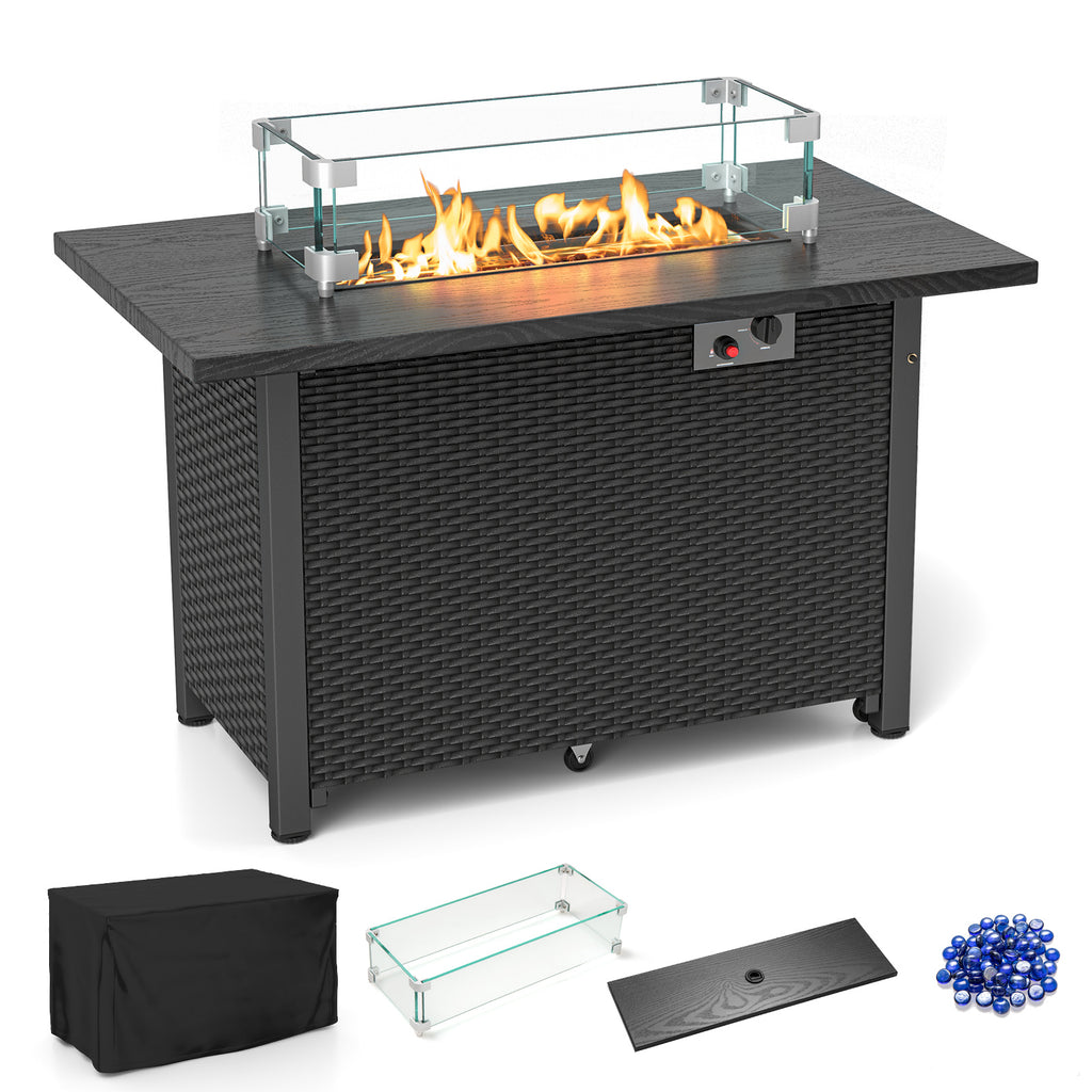 50000 BTU 2 Inch ropane Gas Fire Pit Table with Wind Guard and Glass