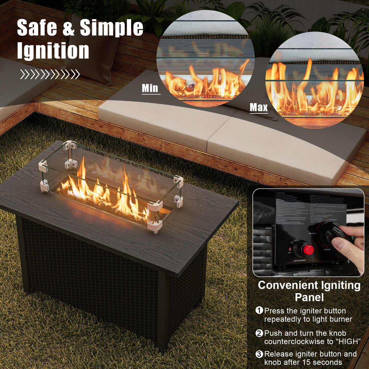 50000 BTU 2 Inch ropane Gas Fire Pit Table with Wind Guard and Glass