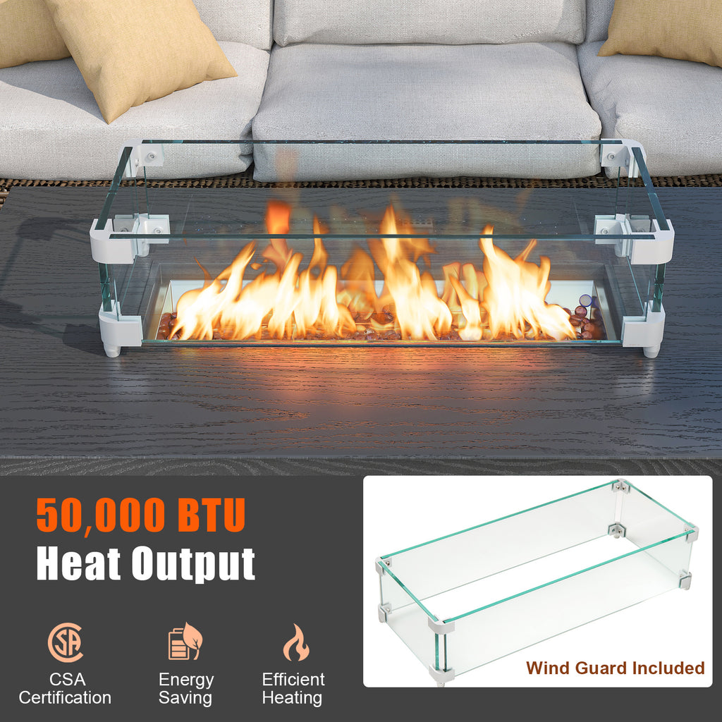 50000 BTU 2 Inch ropane Gas Fire Pit Table with Wind Guard and Glass