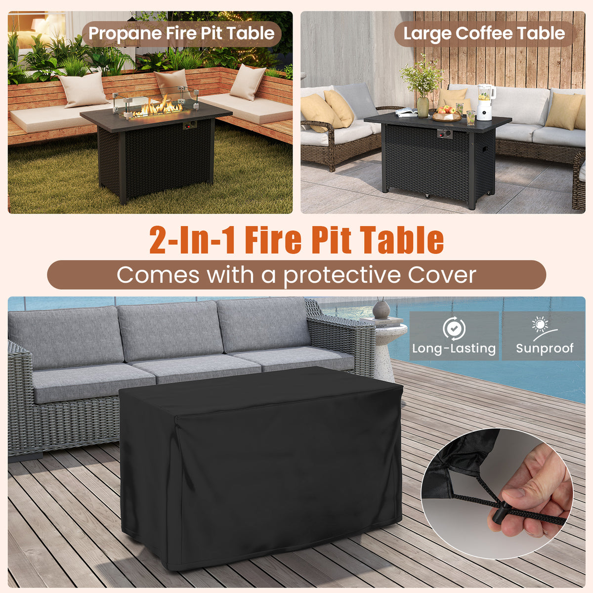 50000 BTU 2 Inch ropane Gas Fire Pit Table with Wind Guard and Glass