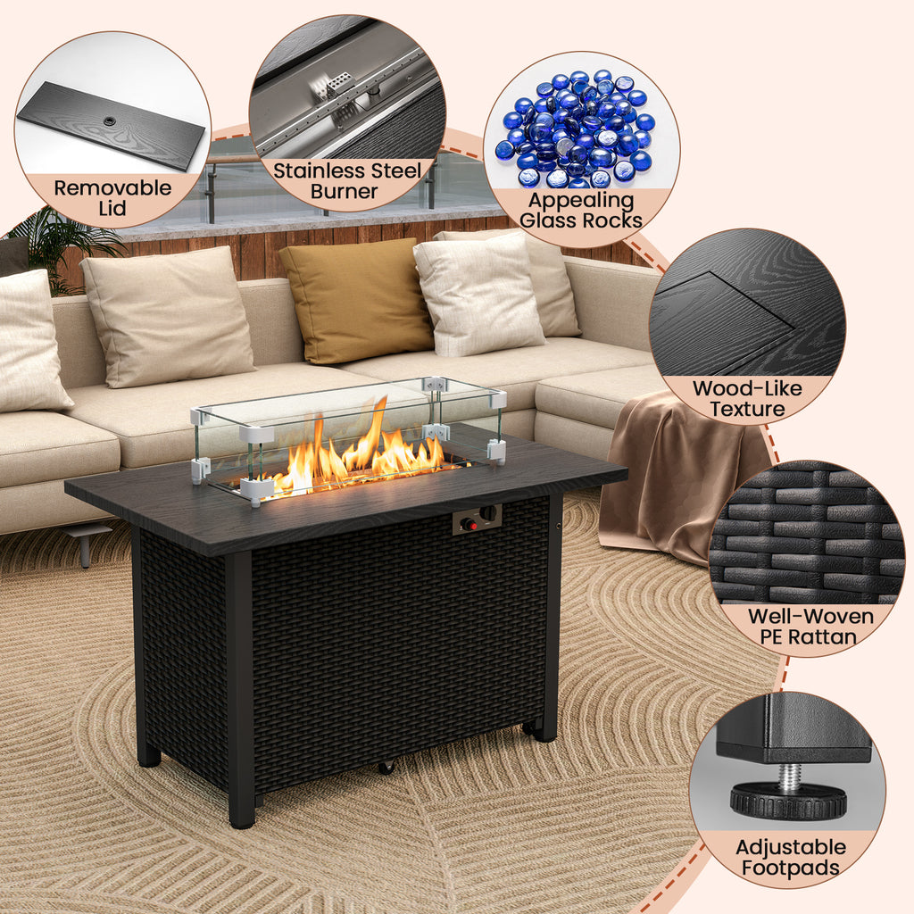 50000 BTU 2 Inch ropane Gas Fire Pit Table with Wind Guard and Glass