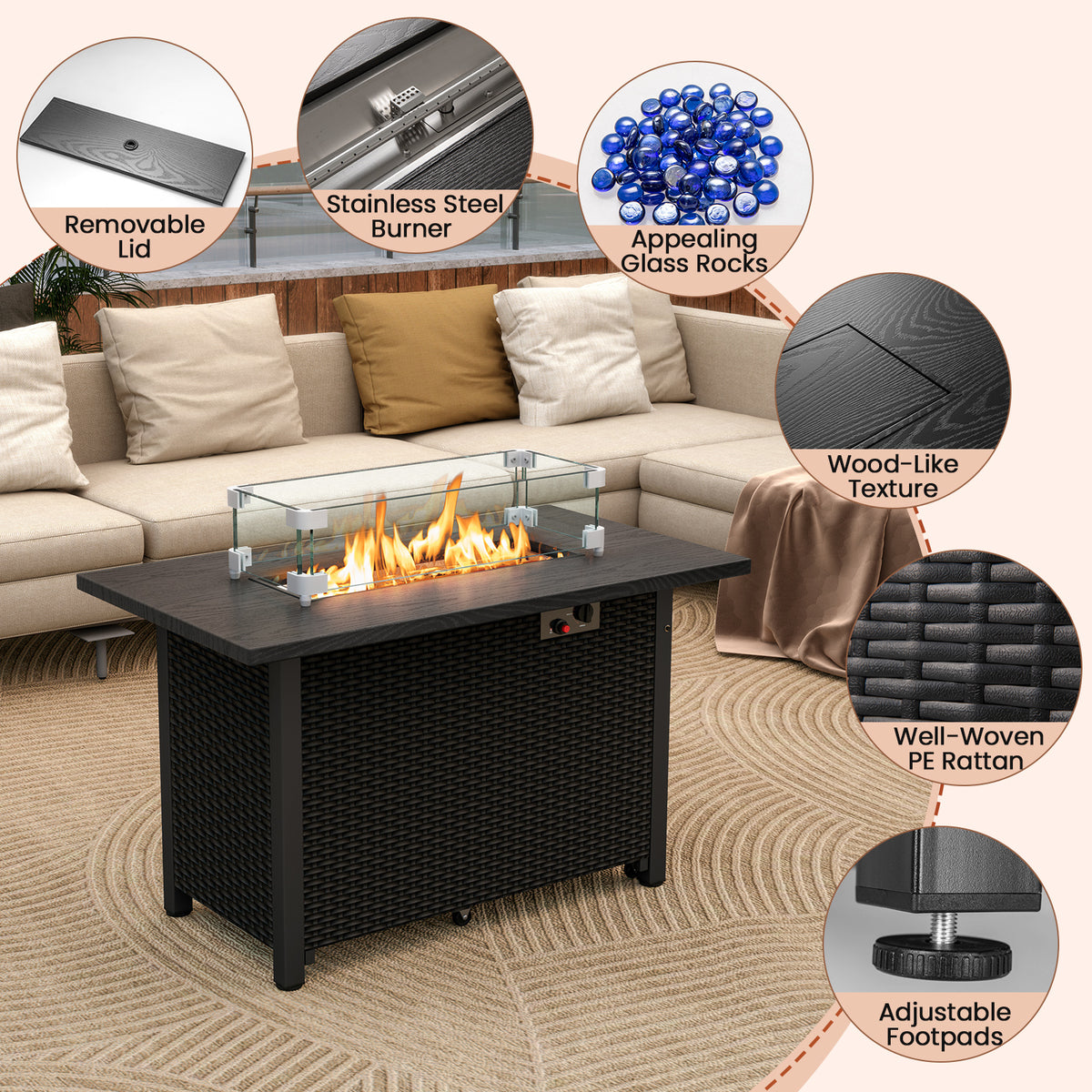 50000 BTU 2 Inch ropane Gas Fire Pit Table with Wind Guard and Glass