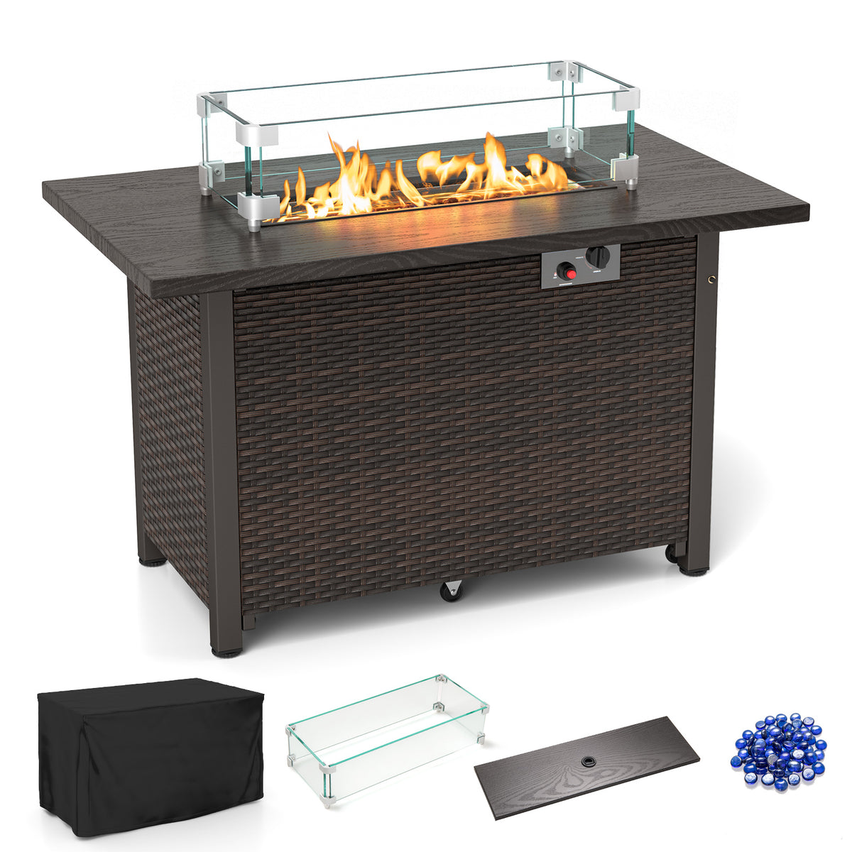 52 Inch Propane Fire Pit Table with Wicker, 50000 BTU, Brown