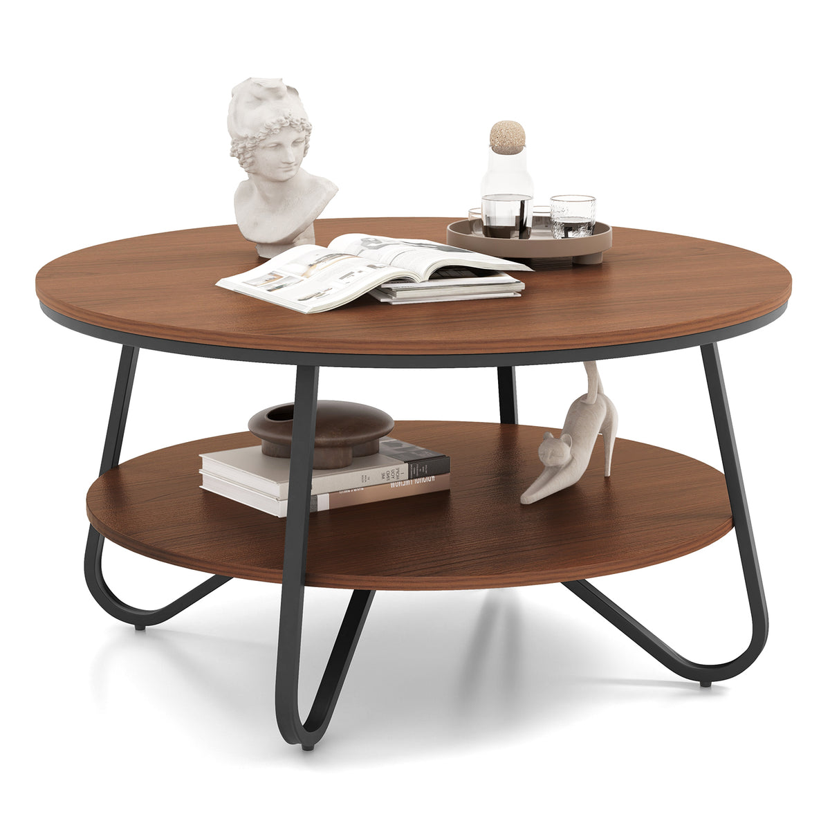 33.5 Inch Round Coffee Table Walnut - Wood Grain with Metal Frame