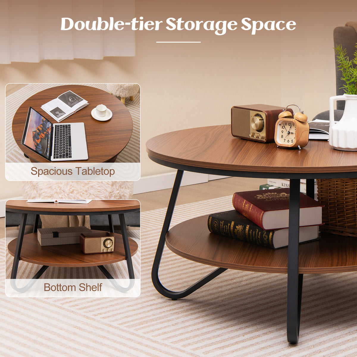 33.5 Inch Round Coffee Table Walnut - Wood Grain with Metal Frame