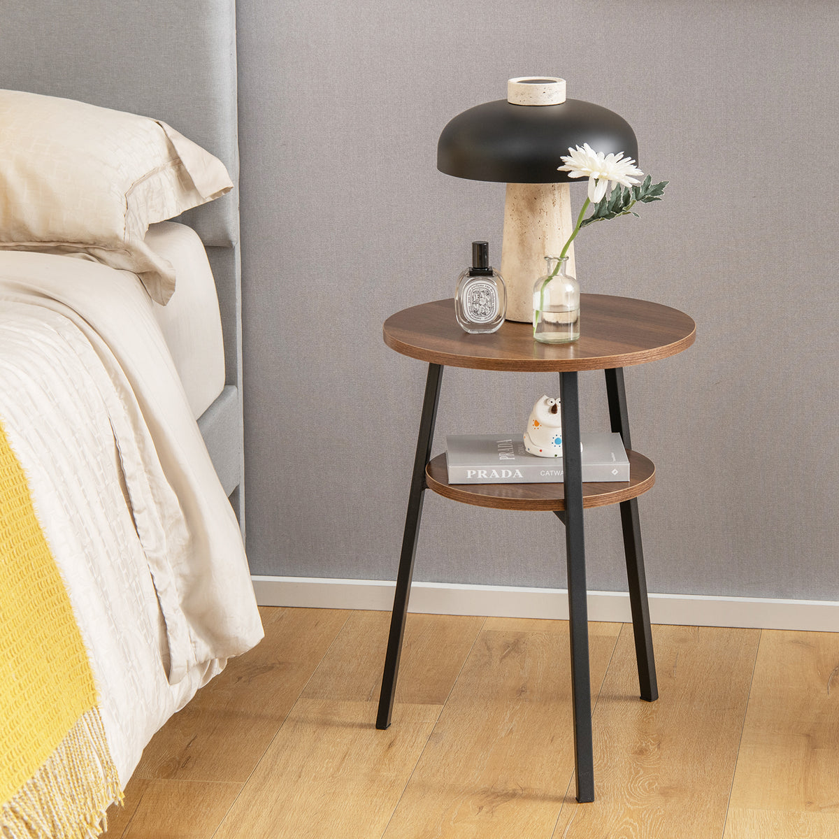 2-Tier Round End Table Set of 2, Walnut with Metal Frame