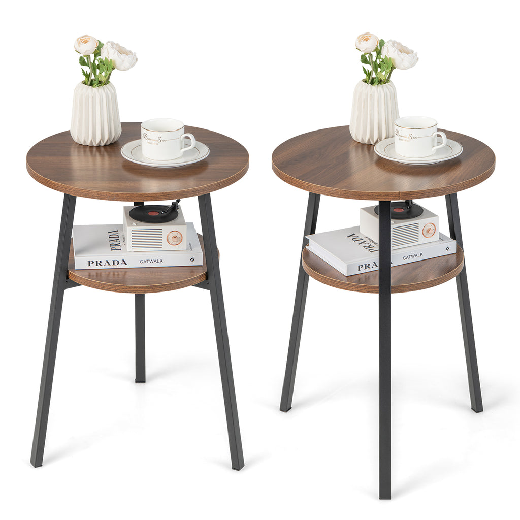 2-Tier Round End Table Set of 2, Walnut with Metal Frame