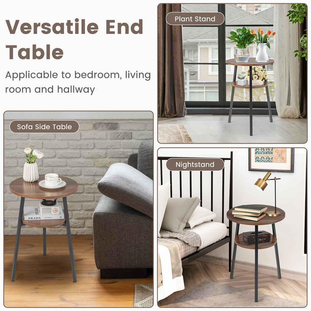 2-Tier Round End Table Set of 2, Walnut with Metal Frame