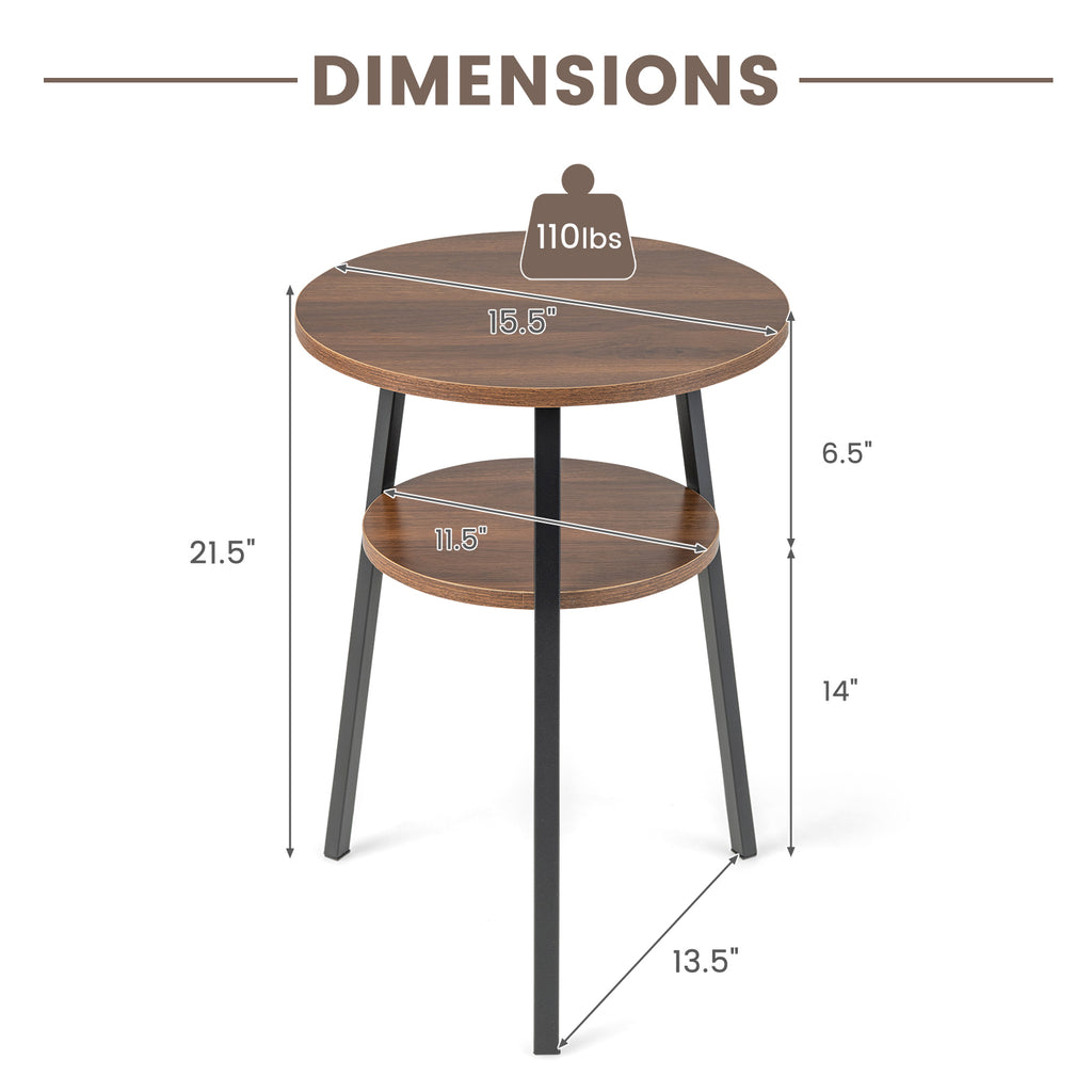 2-Tier Round End Table Set of 2, Walnut with Metal Frame