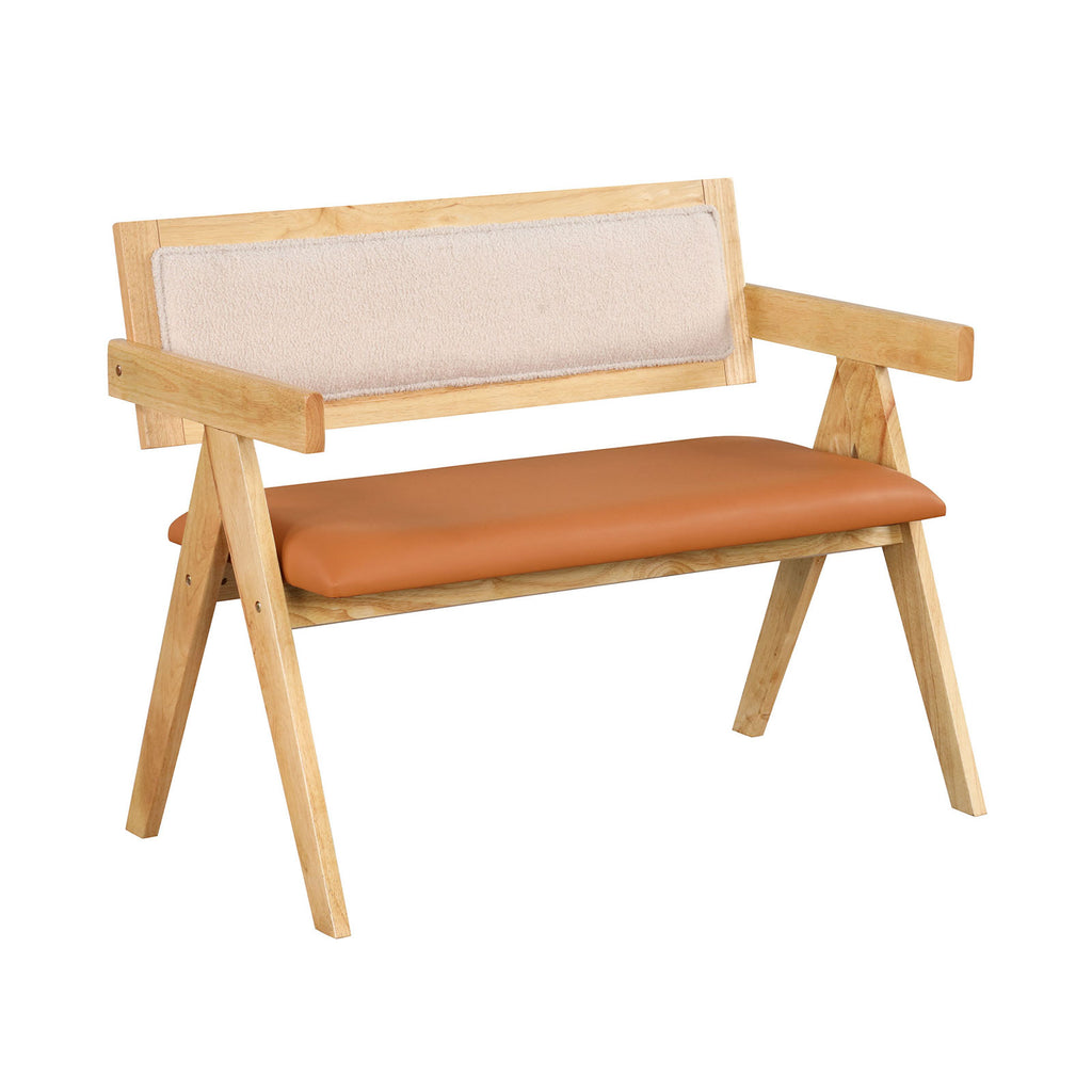 Rubber Wood Dining Bench with Armrest Sherpa Upholstered Backrest and