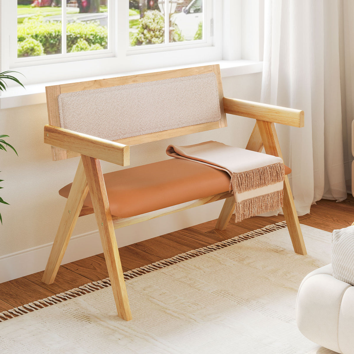 Rubber Wood Dining Bench with Armrest Sherpa Upholstered Backrest and
