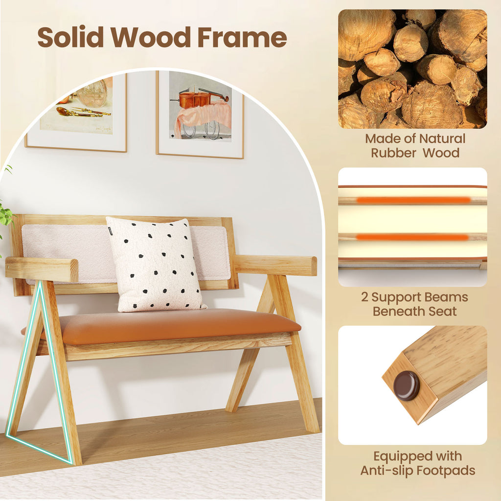 Rubber Wood Dining Bench with Armrest Sherpa Upholstered Backrest and