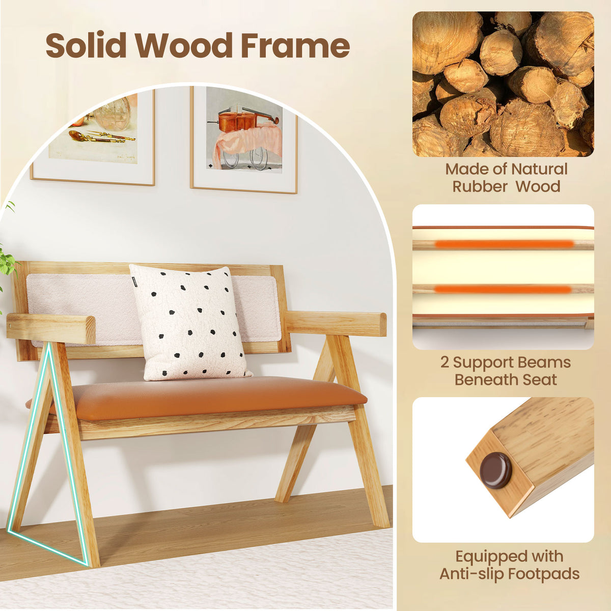 Rubber Wood Dining Bench with Armrest Sherpa Upholstered Backrest and
