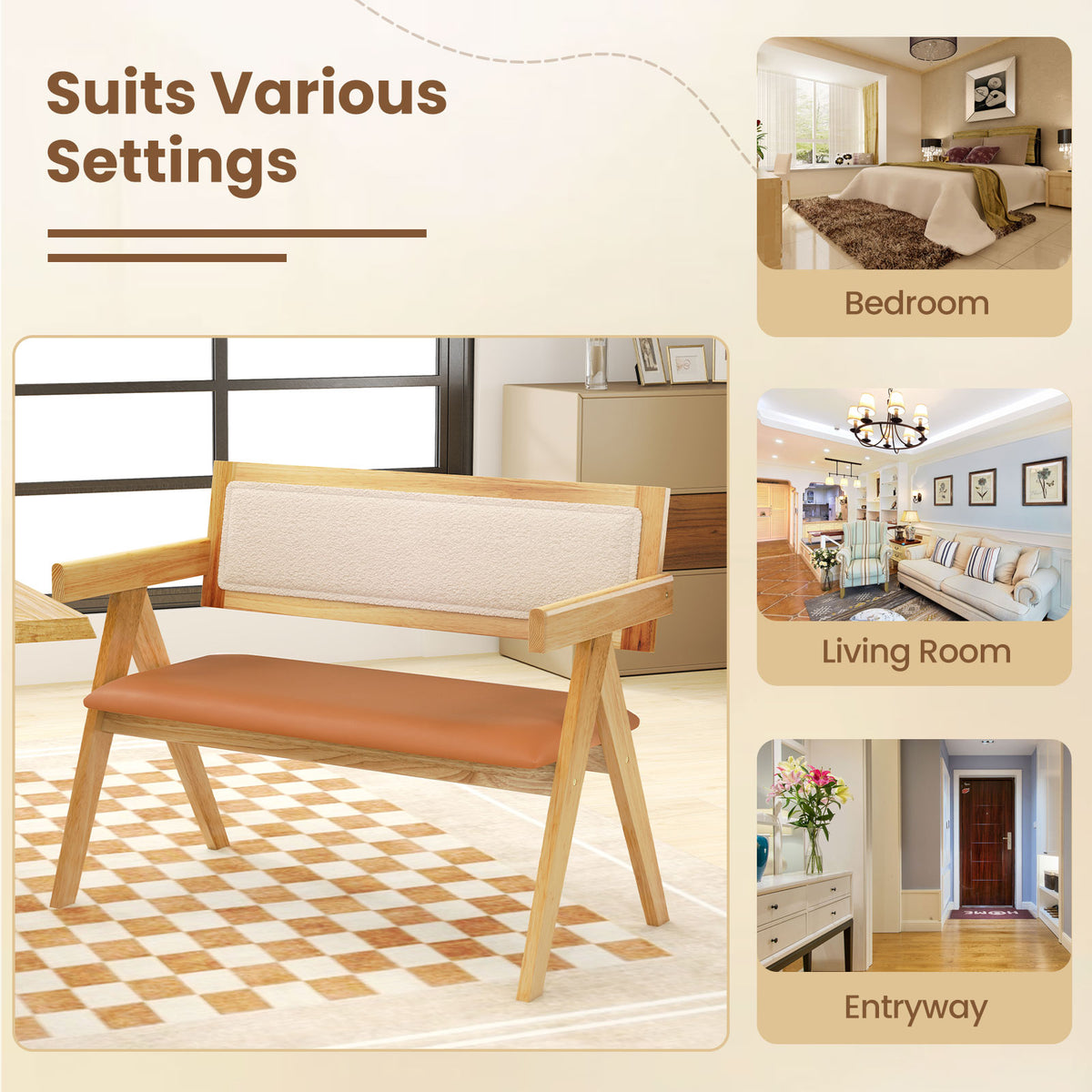 Rubber Wood Dining Bench with Armrest Sherpa Upholstered Backrest and