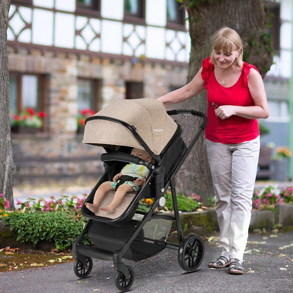 2-in-1 Foldable Infant Baby Stroller with Cup Holder - Light Brown, Newborn to 36 Months