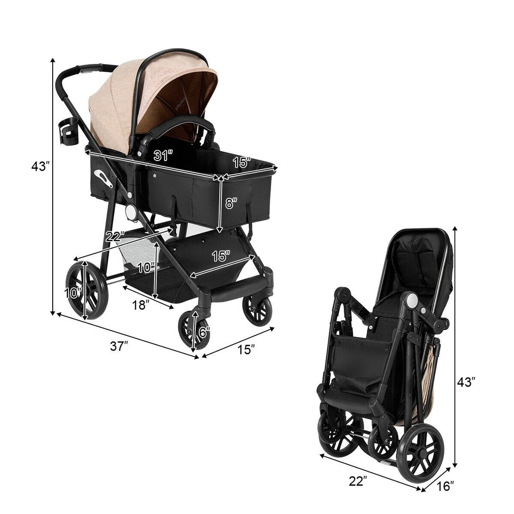 2-in-1 Foldable Infant Baby Stroller with Cup Holder - Light Brown, Newborn to 36 Months
