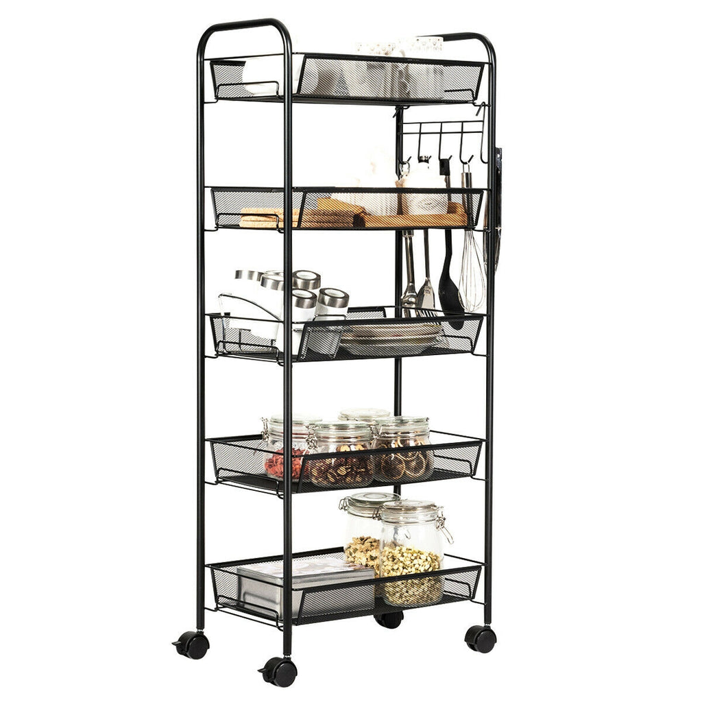 5-Tier Mesh Rolling Cart with Lockable Wheels, Black