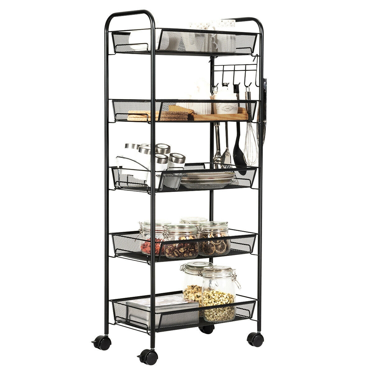 5-Tier Mesh Rolling Cart with Lockable Wheels, Black