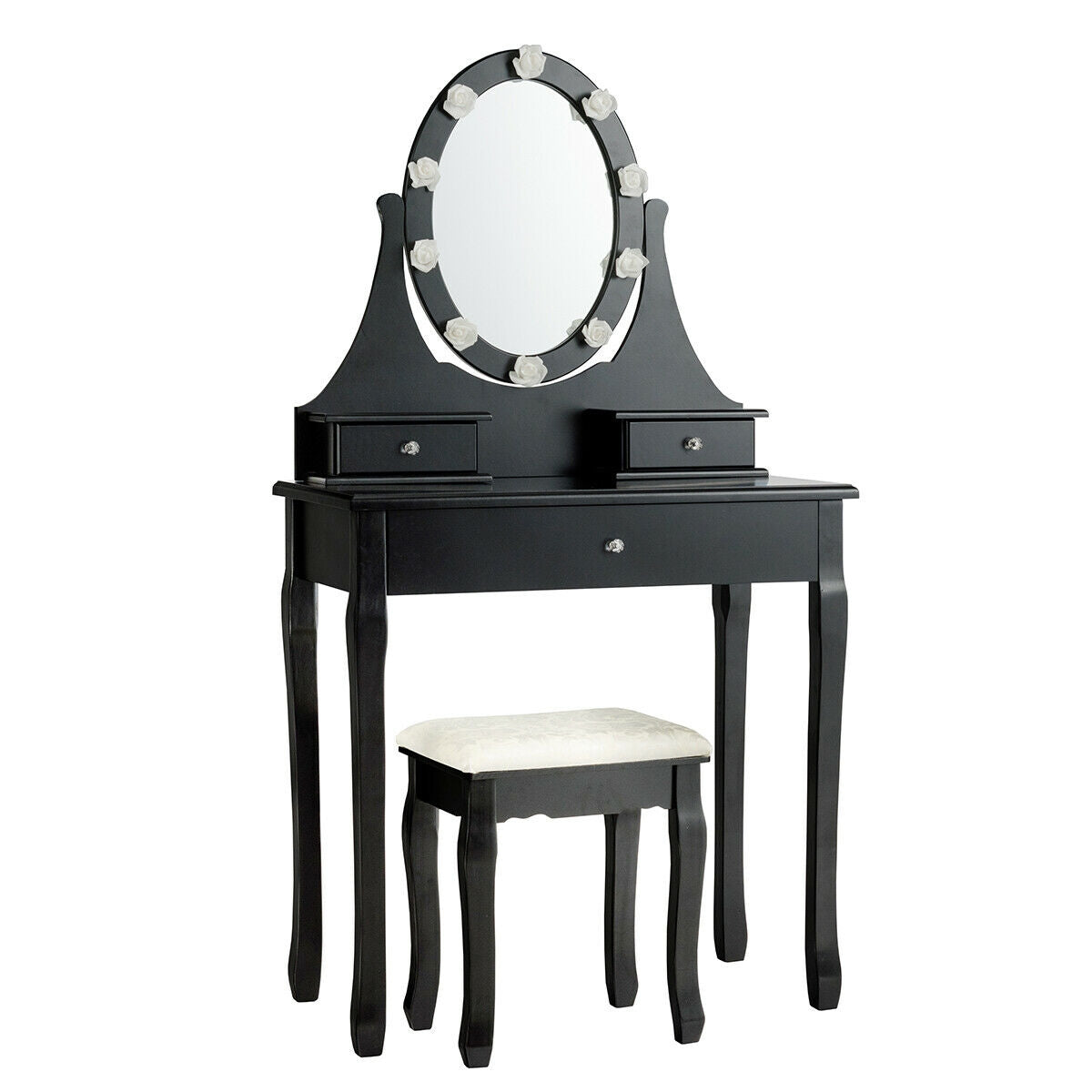 Lighted Dressing Table with 3 Drawers and Stool - Style 2, Black