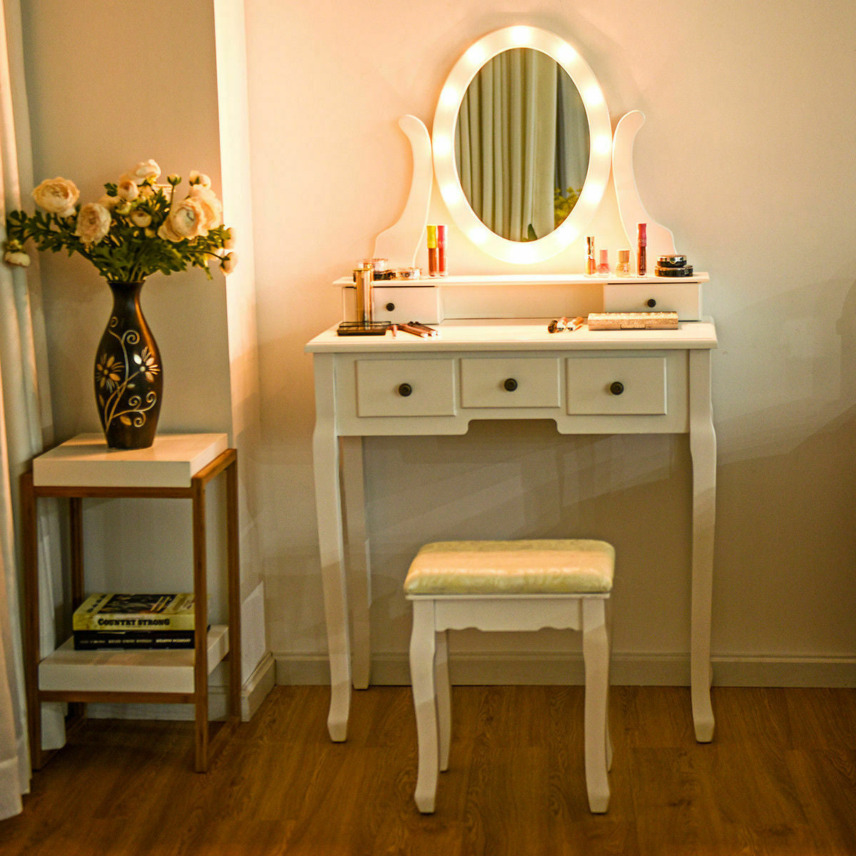 5 Drawer Vanity Table with Stool & 12-LED Mirror - White