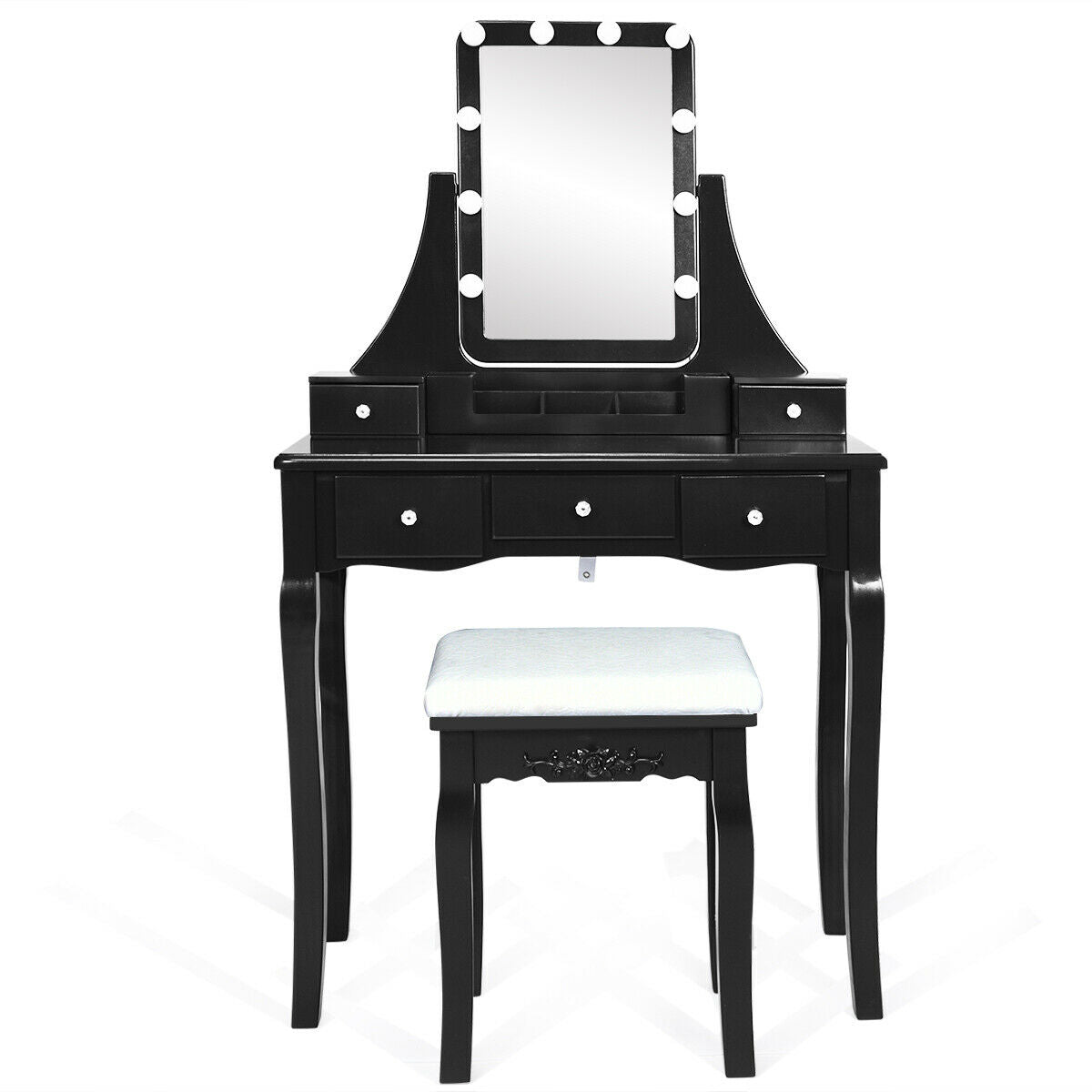 Dressing Table with Lighted Mirror and Stool - Square, Black