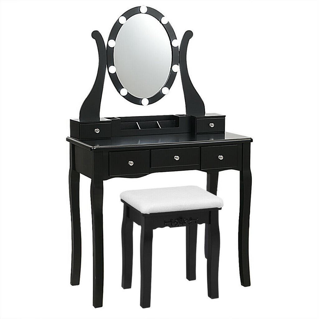 Dimmable Vanity Table with Lighted Mirror and Cushioned Stool, Black
