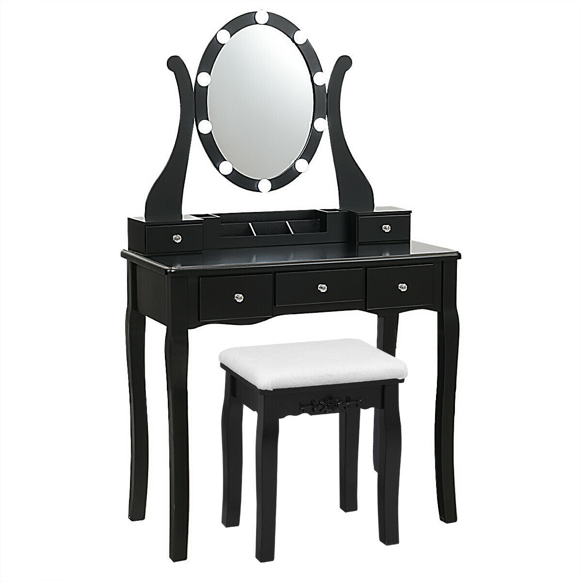 Dimmable Vanity Table with Lighted Mirror and Cushioned Stool, Black