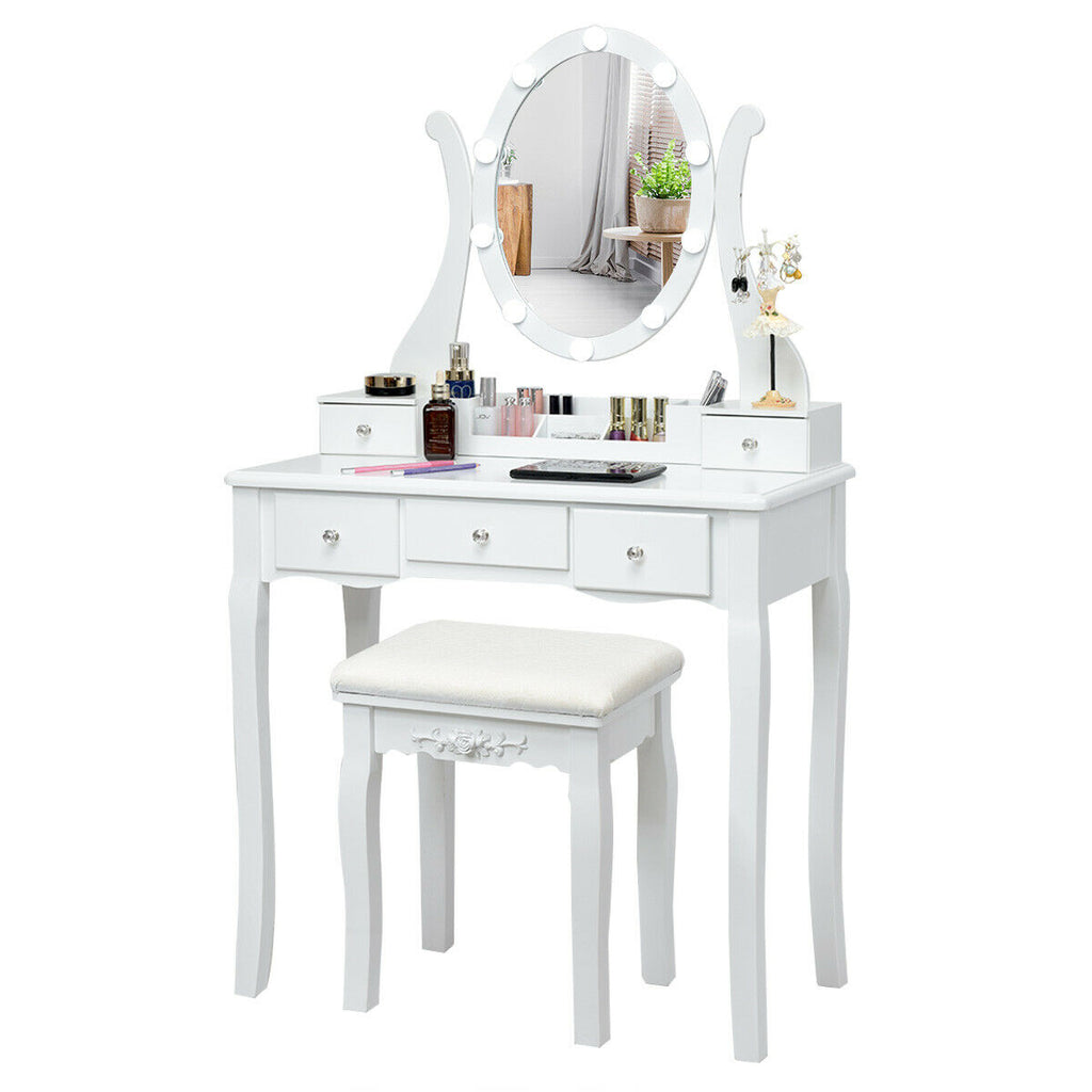 Dimmable Vanity Table Set with Lighted Mirror and Cushioned Stool, White